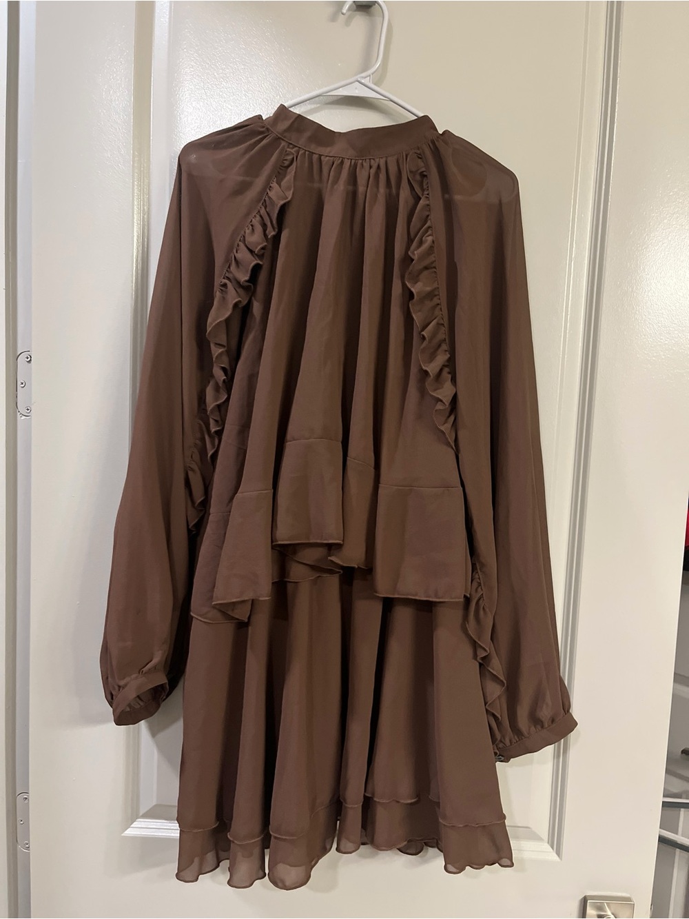 SHEIN Brown Ruffle Long Sleeve Tiered Mini Dress